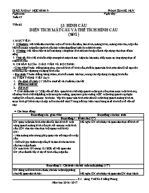 Giáo án Hình học Lớp 9 - Tiết 62 Hình cầu diện tích mặt cầu và thể tích hình cầu (Tiết 1) - Năm học 2016-2017 - Phạm Quang Huy